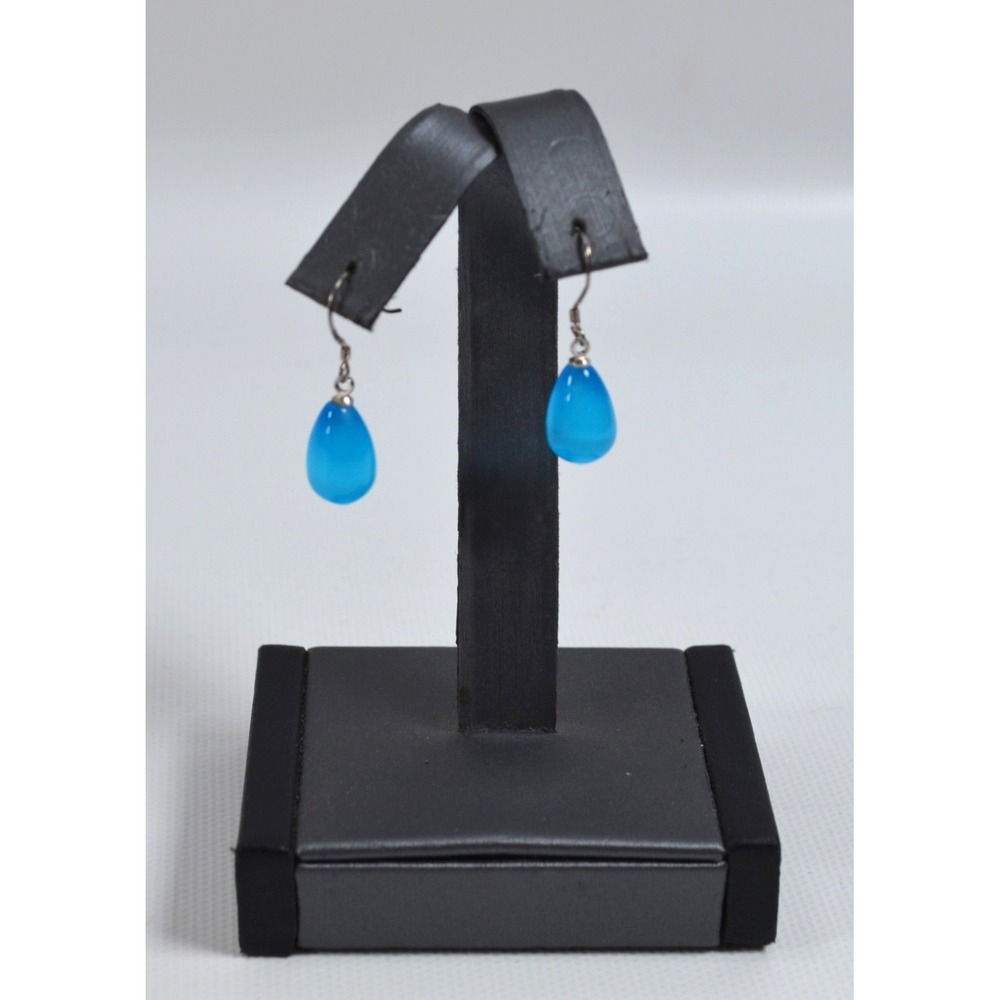 Vintage 925 Pierced Hook Earrings Blue Cats Eye  1.25"